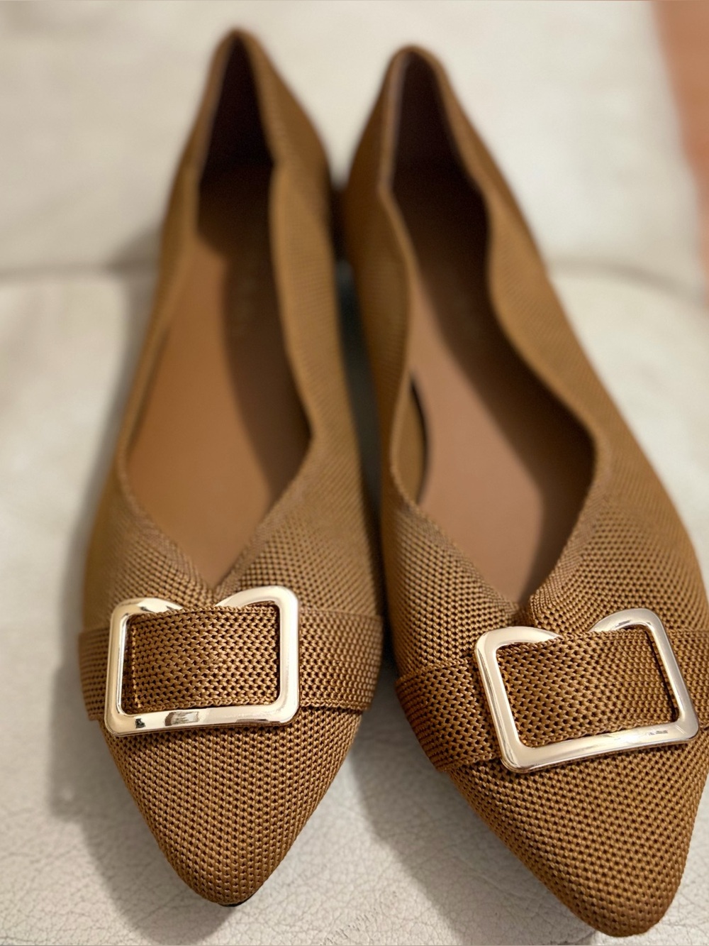 Classic Pointed Toe Buckle Flats - Brown